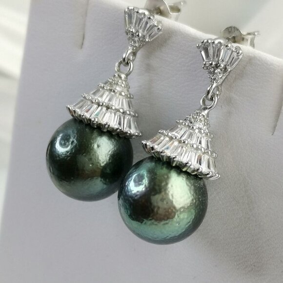 NEW Tahitian South Sea Pearl White Sapphire drop earrings 13mm - Picture 6 of 9
